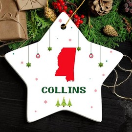 Collins MS Ornament for Christmas Tree Decorations City Travel Souvenir Gifts for Family and Friend - Housewarming Gift Collins Mississippi Ornament Star 3.25"