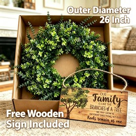 26" Large Boxwood Wreath for Front Door.Eucalyptus Wreath Artificial Greenery Wreath with Lush Leaves Outdoor Decor for Porch, Window, Farmhouse, Home, Hanging Decor - Spring, Summer, All Seasons