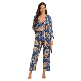 Escalier Women's Silk Satin Pajamas Set 3 Pcs Floral Silky Pj Sets Sleepwear Cami Nightwear with Robe and Pants Navy S