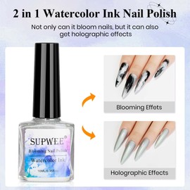 SUPWEE 2 In 1 Marble Nail Polish and Holographic Gel Nail Polish Marble Watercolor Ink Nail Painting Gel Nail Blooming Gel Polish Nail Art Design 002
