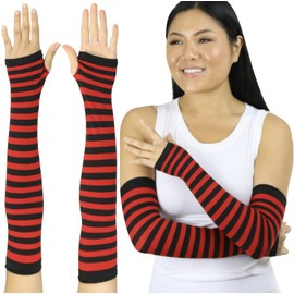 ToBeInStyle Women’s Horizontal Striped Opaque Nylon Long Fingerless Arm Warmers - Black With Red Stripes