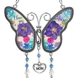 Auch Gifts for Mom Hanging Butterfly with Real Flowers Wind Chime Butterfly Gift for Mom Unique Birthday Gifts for Mom Butterfly for Wall Window Room Garden Yard Grandma Gifts (Butterfly)