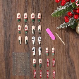 Christmas Press on Nails Medium Coffin Fake Nails Reindeer Xmas Tree Designs Winter Christmas False Nails Glue on Nails Snowflake Holly Leaves Stick on Nails Xmas Acrylic Nails for Women Girls 24 Pcs