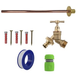 Brass Snap-On Bib Tap Outdoor Basic Tap Kit 1 with Lime/Grey Hose Connector - Comes with ½” Brass Bib Tap, Wall Plate, Screws, Wall Plugs & PTFE Tape for Outdoor Water Access