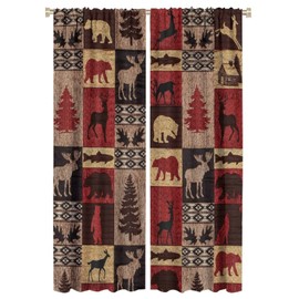 Kazynee Vintage Check Black Bear Blackout Curtains for Living Room,Rustic Country Farmhouse Cabin Elk Tree Plaid Window Drapes - Thermal Insulated Noise Reduction,42x63in Room Darkening Curtains