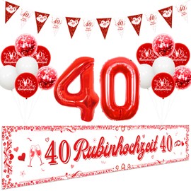 Cheereveal Ruby Wedding Decoration, 40 Ruby Wedding Yard Banners, Red Number 40 Foil Balloons, Pennant Flag, Happy 40th Wedding Anniversary, Ruby Wedding Party Supplies Decoration for Couple Parents
