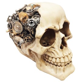 Ebros Steampunk Cyborg Protruding Gearwork Human Skull Statue Sci Fi Clockwork Gear Design Skeleton Cranium Figurine