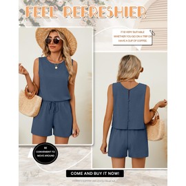 Ficerd Women's Summer 2 Piece Outfits Sets Cotton Linen Sleeveless Crop Top Tank and Drawstring Casual Shorts with Pocket(Haze Blue,Medium)