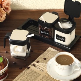 Suclain 3 Pcs Glass Coffee Station Organizer Set Coffee Containers for Coffee Bean and Sugar with Labels Glass Coffee and Sugar Jar Set with Spoon, Base and Pen, Black