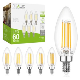 Sigalux Dimmable Candelabra Light Bulbs,E12 Base,60 Watt Equivalent,2700K Soft White,450Lumens,5W B10 Vintage Chandelier Light Bulb,LED Filament Clear Candle Bulbs ETL Listed,6 Packs
