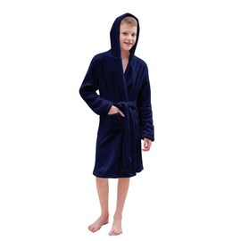 Boy's Flannel Robes, Soft Hoodie Warm Solid Royal Flannel Sleepwear Cosplay Bath Robe with Belt for Kids, Navy, 6 Years = Tag 130