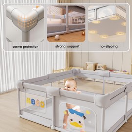 Baby Playpen Baby Playard for Babies and Toddlers, Indoor & Outdoor Kids Activity Center, Sturdy Safety Anti-Fall Play Yard with Soft Breathable Mesh, Kid's Fence for Infants Toddlers, Grey, 71″×47″