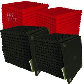 96 Pack Allxinlog Absorb the echo Acoustic Foam Panel Wedge Studio Soundproofing Wall Tiles 12" X 12" X 1" (48RED+48BLACK)