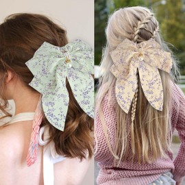 Bow Hair Clip, 2PCS Pearl Hair Bows for Women Big Bowknot Hairpin French Hair Clips with Long Ribbon Hair Barrette Clips Polyester Hair Bows for Women Girls