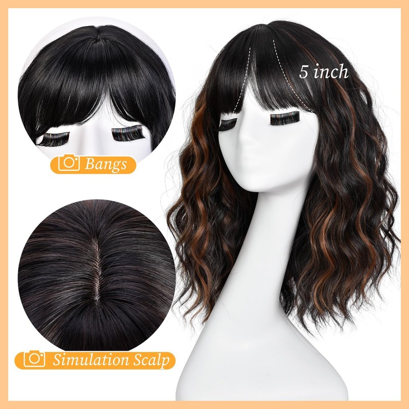 RUNM Short Bob Wavy Wigs for Women Black Mix Brown