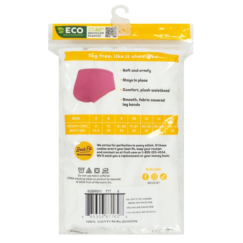 Fruit Of The Loom Girls Tag Free Cotton Brief Multipacks
