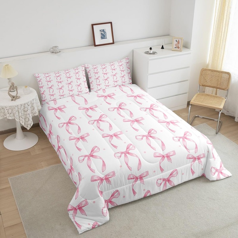 Erosebridal Cute Pink Bow Twin Bedding Set for Girls,Ribbon Bow