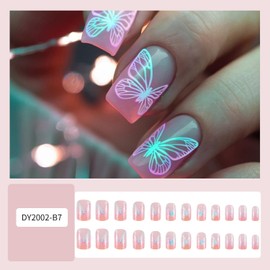 Butterfly Press on Nails Short Square Gradient Butterfly Pattern Design Full Cover Glossy Short Acrylic False Nail Artificial Square Stick on Nail DIY Reusable Press Ons Glue on Nail for Women 24Pcs