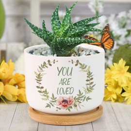 Evans1nism You are Loved Succulent Pots with Drainage Hole Ceramic Pots for Indoor Plants Set of 2 Red Floral Wreath Small Pots for Plants Spiritual Family Quote Pots for Home Garden Succulents