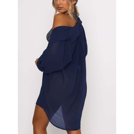 Traje de baño para mujer con cuello en V y botones, Azul marino, M