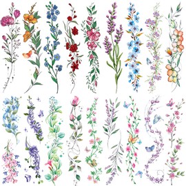 Tazimi Watercolor Temporary Tattoos For Women Girls-24 Sheets Colorful Flower Lavender Rose Vine Forget-me-not Plum Blossoms Wild flowers Realistic Waterproof Tattoo Stickers Body Art