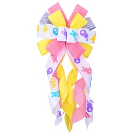 Large Easter Bows for Wreath, Spring Easter Colorful Bunny Rabbit Wreath Bows for Front Door Decoration White Yellow Pink Purple Wreath Ribbon Bows for Home Door Wall Decor Spring Easter Party