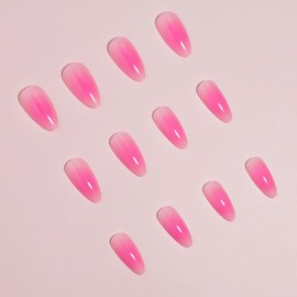 MERVF Almond Press On Nails - Medium Pink Gradient Glue Ons with Aura Design - Stiletto Acrylic Fake Nails - 24pcs Glossy