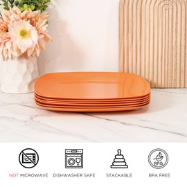 TP 10.5" Melamine Square Dinner Plates, 6-piece Plate Set Unbreakable Serving Dishes for Indoors and Outdoors, Unbreakable Dinner Service for 6 (Orange)
