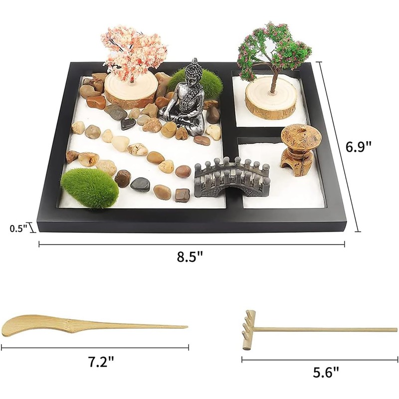 DinQ Meditation Japanese Zen Garden, Sand Garden Tools Accessories Box