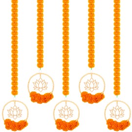 Juinte 5 Pcs 69.6 Inch Diwali Artificial Marigold Garland with Lotus Wood Bead Hanging for Decoration Artificial Flowers Long Strands Indian Pooja Ganesh Decor for Indian Wedding Pooja Christmas Party