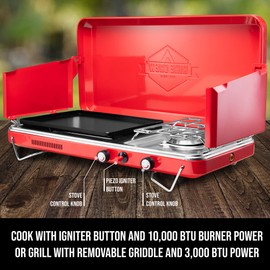 Hike Crew 2-in-1 Gas Camping Stove | Portable Propane Grill/Stove Burner w/ Integrated Igniter & Stainless Steel Drip Tray | Built-in Carrying Handle, Foldable Legs & Wind Panels | Includes Regulator