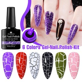 MSRUIOO 6 Colors Crackle Gel Nail Polish Set Purple Red Black White Green Pink Amazing Crackle Effect Long-lasting UV LED Lamp Needed