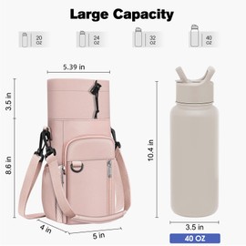 CaseBot Water Bottle Carrier Bag with Shoulder Strap, 32 40 oz Insulated Water Bottle Pouch Holder, Water Bottle Sleeve with Phone Pocket for Walking Hiking Picnic, Pink