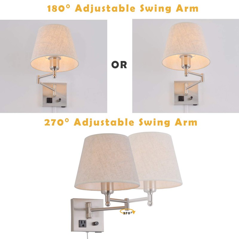 Bedside Wall Mount Light with Dimmable Switch and Outlet, Swing