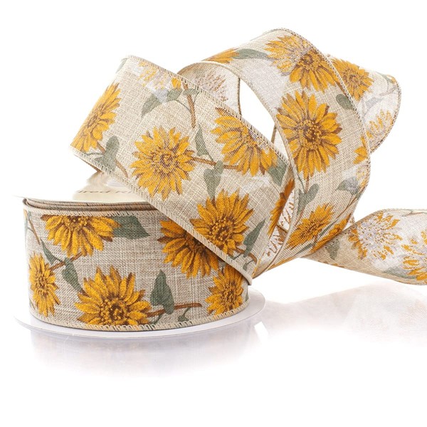 Ribbon Traditions 2 1/2" Wired Ribbon Sunflowers on Burlap -
