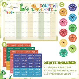 Reusable Magnetic Reward Chart with 128 Magnetic Behavior Stickers and 70 Reusable Star Stickers, Customizable Task Sections, Dry Erase Surface, Ideal for Toddlers and Young Children (Dinosaur)