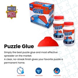 MasterPieces – Puzzle Glue with Wide Plastic Spreader, Easy to Apply, Dries Quick and Clear, Protects Finished Jigsaw Puzzles, Water-Soluble, 2 Pack, 5 oz Each