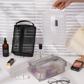 Finyoffiy Travel Cosmetic Bag Large Makeup Bag Portable Mesh Makeup Bag with Zipper Breathable Mesh for Accessories Organizer (Gery)