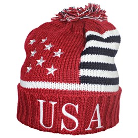 Best Winter Hats American Flag Beanie Embroidered USA Centurion Font W/Pom Pom - Red/White