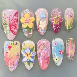 30Pcs Colorful Flower Press on Nails Medium Almond Fake Nails Butterfly Flower Press Ons with Pearl Rhinestones Glitter Full Cover Stick on Nail Cute False Nails Glue on Nails for Women Manicure Tips