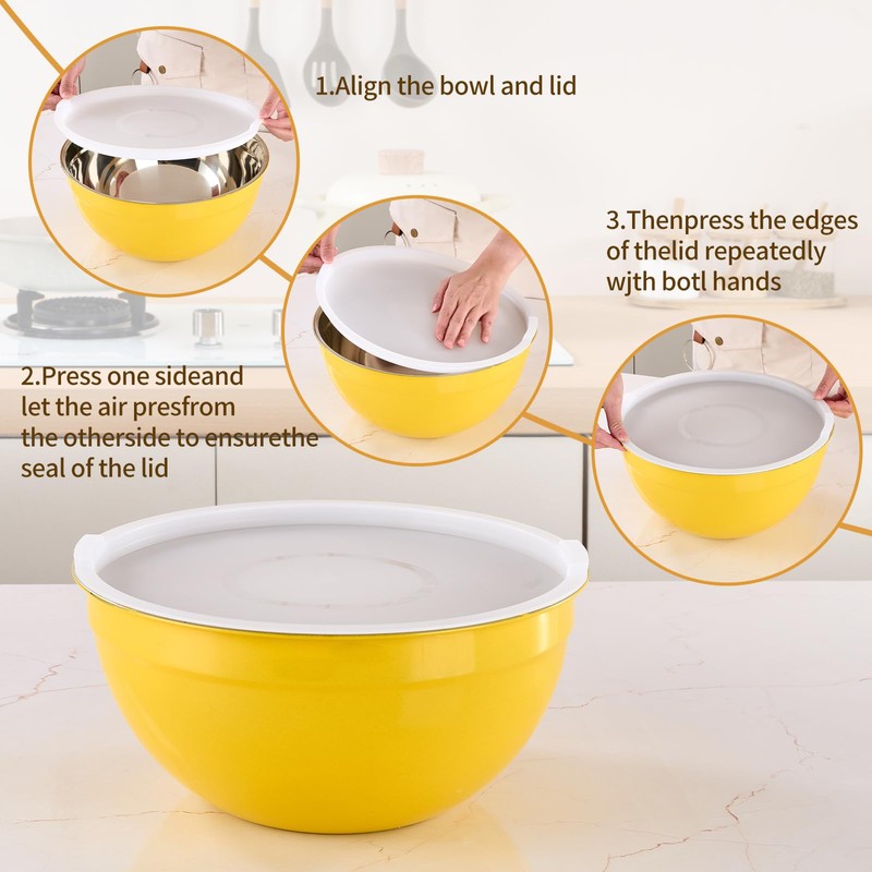 Moxinox Yellow Mixing Bowls with Airtight Lids, Stainless Steel Nesting