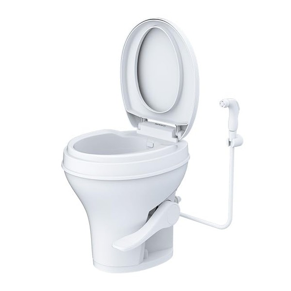SEAFLO RV Toilet - Standard Height, Gravity Flush, Foot Pedal, Soft Close Lid with Sprayer Attachment