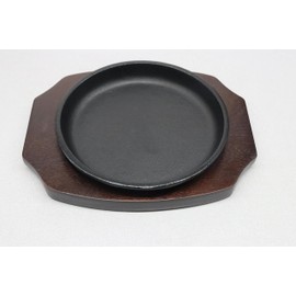 Asahi Steak Plate (with Wooden Base) Iron Casting, Round 5.9 inches (15 cm), Commercial Use