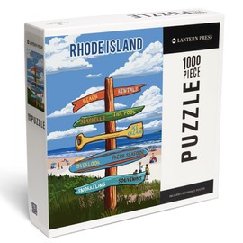 Rhode Island, Signpost, Coast Beach with Umbrellas (1000 Piece Puzzle, Challenging Jigsaw Puzzle for Adults, Made in USA)