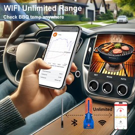 WiFi Bluetooth Wireless Meat Thermometer, Unlimited Range, 7 NIST Certified Accuracy Sensors with Ambient Temp Remote Monitoring for BBQ Grill, Oven, Smoker, Air Fryer (1, Black, Medium)