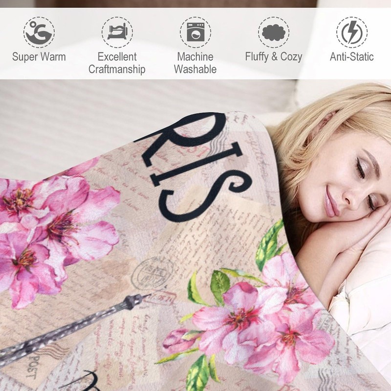 Paris Eiffel Tower Throw Blanket Pink Flowers Towers Bicycle Pattern