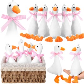 RoundFunny 12 Pcs One Silly Goose Party Favors Stuffed Animal 6 Inch Plush White Silly Goose with Collar Soft Stuffed Funny Duck Doll Gifts for Birthday Supplies Home Decorations (Pink Ribbon)