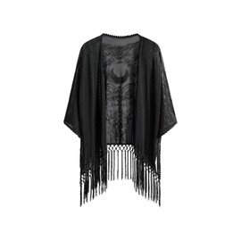 BEAUDRM Women's Goth Graphic Open Front Kimonos Boho Hippie Fringe Sheer Mesh 3/4 Sleeve Beach Cover Up Cardigan Black X-Large