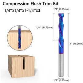 Gasea 1/4 Inch Shank Compression Flat Nose Spiral End Mill CNC Router Bits, 2 Flute Up & Down Cut Nano Blue Coating Wood End Milling Cutter Tool 1/4 x 1/4 x 1-1/4 x 3
