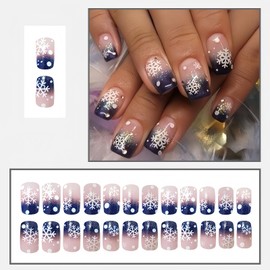 24Pcs Christmas Press on Nails Short Square Fake Nails with Blue Glitter Snowflake Designs Glossy Blue Glitter French Tip Nails Press ons Blue Nails Christmas Glue on Nails for Women Girl Nail Art DIY